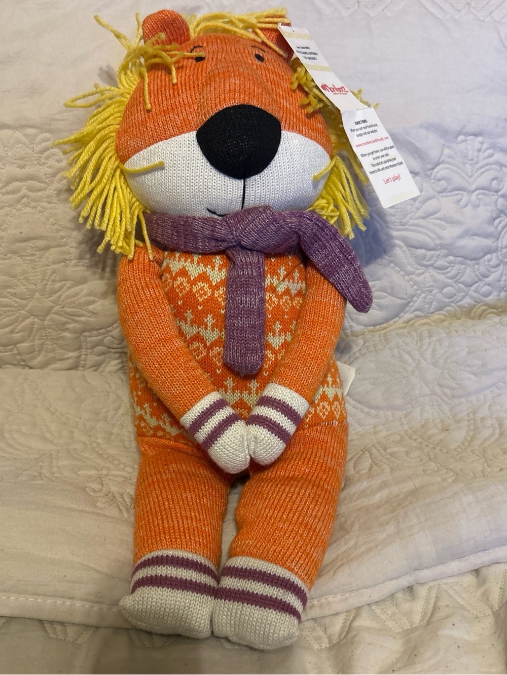 Monkeez lance the  Lion Plush with Purple Scarf - Cozy Knit Stuffed Animal